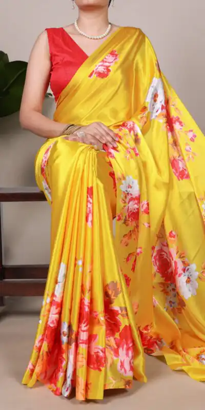 Yellow Satin Silk Printed Saree | Sarees, Bollywood Sarees, Creative Sarees, Designer Sarees, Embroidered Sarees, Ethnic Saree, Modern Digital sarees, Party Wear Sarees