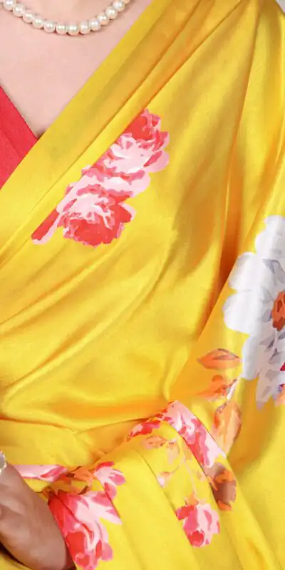 Yellow Satin Silk Printed Saree | Sarees, Bollywood Sarees, Creative Sarees, Designer Sarees, Embroidered Sarees, Ethnic Saree, Modern Digital sarees, Party Wear Sarees