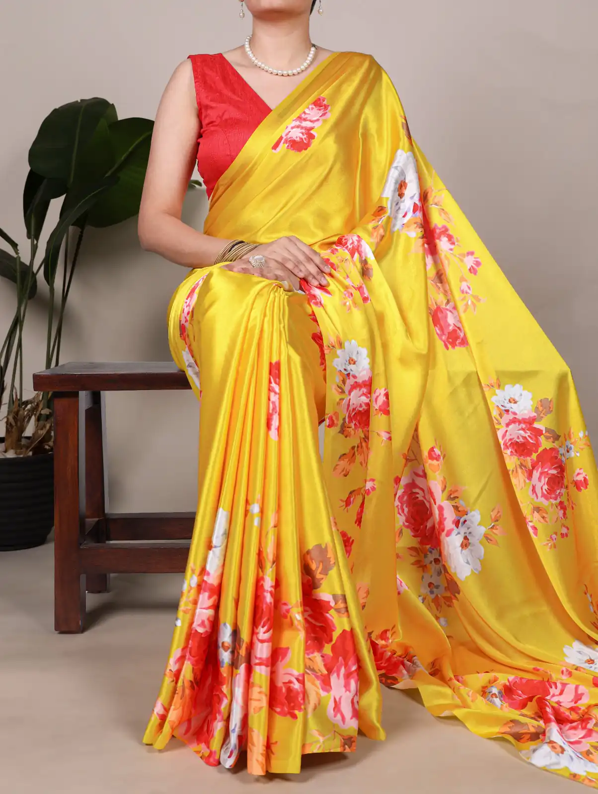 Yellow Satin Silk With Floral Printed Saree | Sarees, Bollywood Sarees, Creative Sarees, Designer Sarees, Embroidered Sarees, Ethnic Saree, Modern Digital sarees, Party Wear Sarees