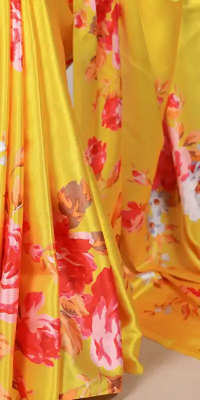Yellow Satin Silk With Floral Printed Saree | Sarees, Bollywood Sarees, Creative Sarees, Designer Sarees, Embroidered Sarees, Ethnic Saree, Modern Digital sarees, Party Wear Sarees