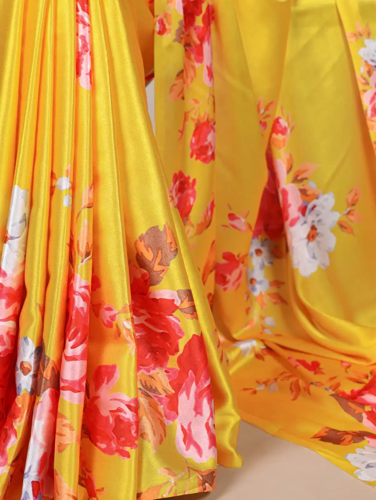 Yellow Satin Silk With Floral Printed Saree | Sarees, Bollywood Sarees, Creative Sarees, Designer Sarees, Embroidered Sarees, Ethnic Saree, Modern Digital sarees, Party Wear Sarees