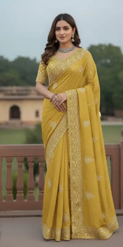 Yellow Soft Gold Crush Embroidery Work Saree | Sarees, Bollywood Sarees, Creative Sarees, Designer Sarees, Embroidered Sarees, Ethnic Saree, Modern Digital sarees, Party Wear Sarees