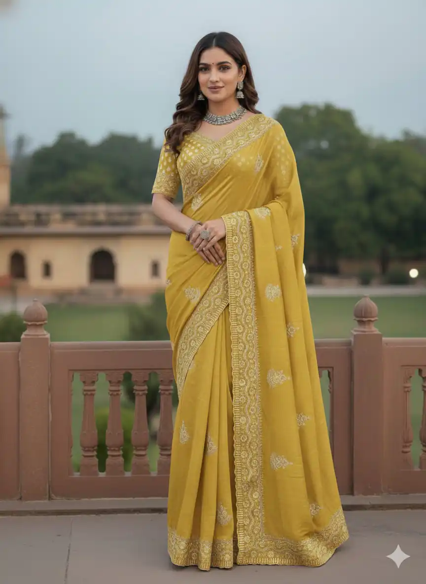 Yellow Soft Gold Crush Embroidery Work Saree | Sarees, Bollywood Sarees, Creative Sarees, Designer Sarees, Embroidered Sarees, Ethnic Saree, Modern Digital sarees, Party Wear Sarees