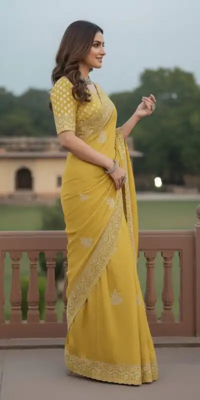Yellow Soft Gold Crush Embroidery Work Saree | Sarees, Bollywood Sarees, Creative Sarees, Designer Sarees, Embroidered Sarees, Ethnic Saree, Modern Digital sarees, Party Wear Sarees