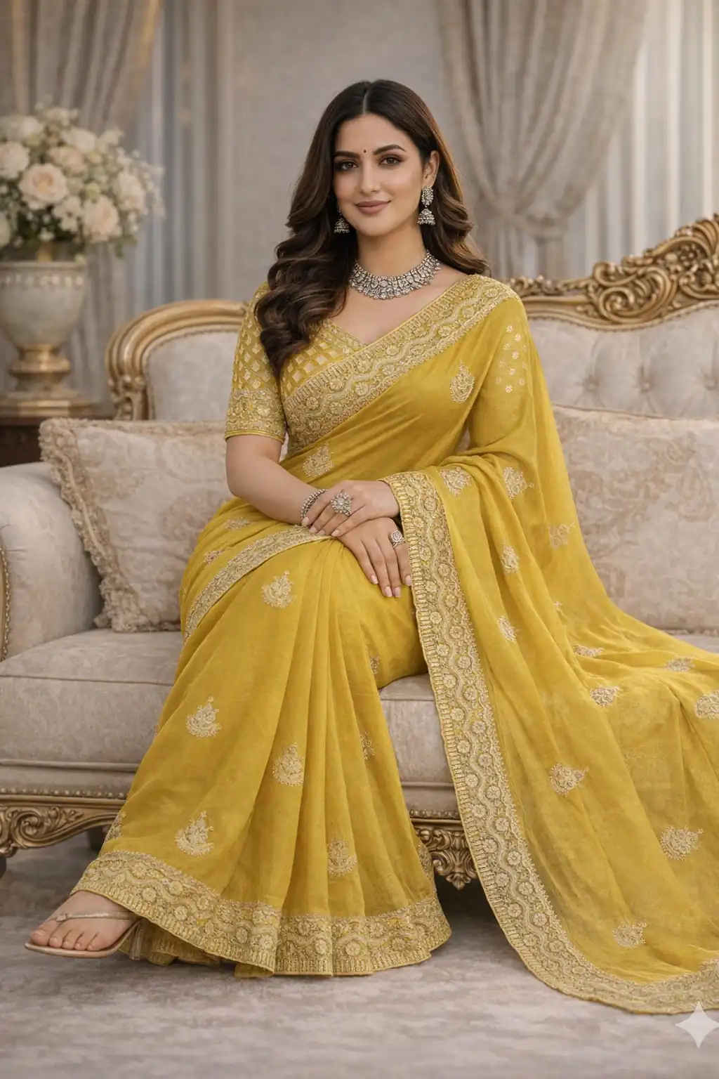 Yellow Soft Gold Crush Embroidery Work Saree | Sarees, Bollywood Sarees, Creative Sarees, Designer Sarees, Embroidered Sarees, Ethnic Saree, Modern Digital sarees, Party Wear Sarees