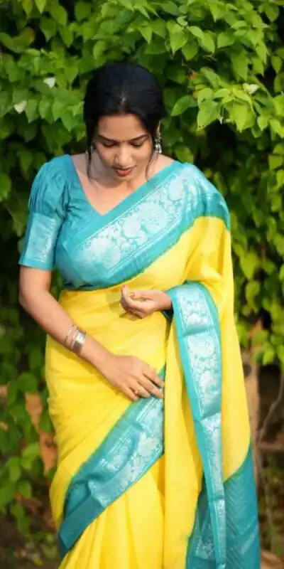 Yellow Soft Lichi Silk With Lace Saree | Sarees, Bollywood Sarees, Creative Sarees, Designer Sarees, Embroidered Sarees, Ethnic Saree, Modern Digital sarees, Party Wear Sarees