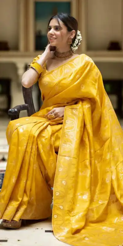 Yellow Soft Litchi Silk All Over Weaving Saree | Sarees, Bollywood Sarees, Creative Sarees, Designer Sarees, Embroidered Sarees, Ethnic Saree, Modern Digital sarees, Party Wear Sarees