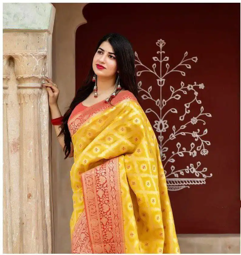 Yellow Soft Silk Jacquard Saree | Sarees, Bollywood Sarees, Creative Sarees, Designer Sarees, Embroidered Sarees, Ethnic Saree, Modern Digital sarees, Party Wear Sarees