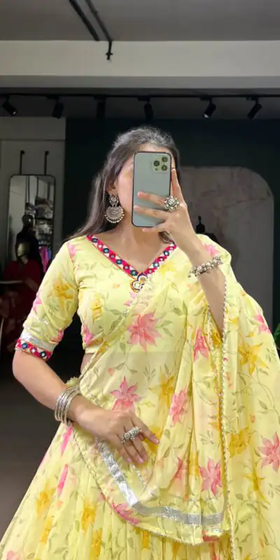 Yellow Tabby Embossed Print Lehenga Choli | Lehenga, Bollywood Lehenga, Creative Lehenga, Designer Lehenga, Embroidered Lehenga, Party Wear Lehenga
