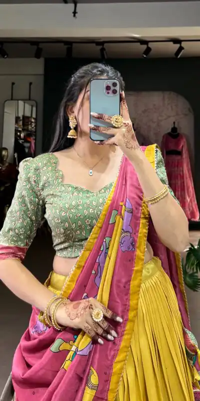 Yellow Tasar Kalamkari Lehenga Choli | Lehenga, Bollywood Lehenga, Creative Lehenga, Designer Lehenga, Embroidered Lehenga, Party Wear Lehenga