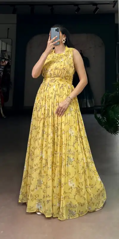 Yellow Weightless Marbal Floral Print Gown | Gowns, Bollywood Gowns, Creative Gowns, Designer Gowns, Embroidered Gowns, Party Wear Gowns