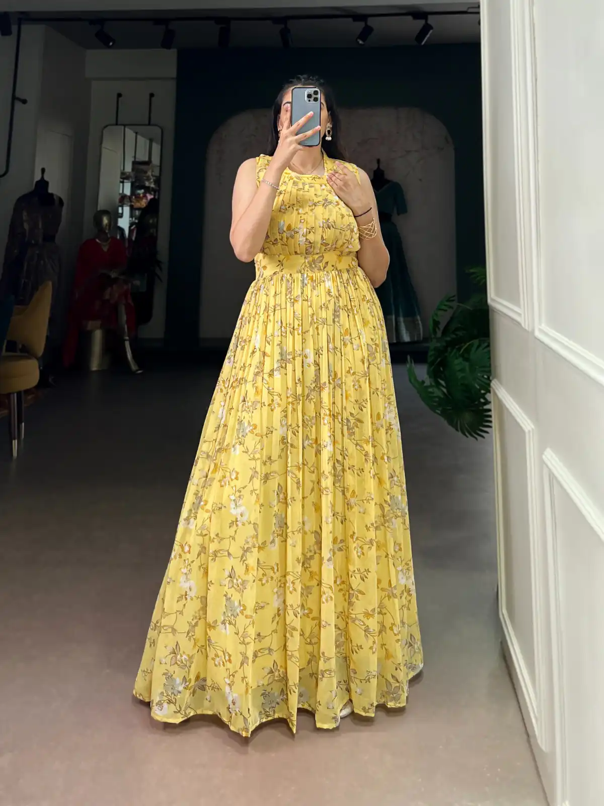 Yellow Weightless Marbal Floral Print Gown | Gowns, Bollywood Gowns, Creative Gowns, Designer Gowns, Embroidered Gowns, Party Wear Gowns