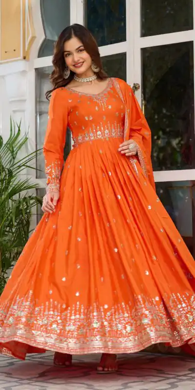 SP 12 Orange in American Silk Sequins Work & Thread Embroidery Gown . Introductory Price βΉ2399. Delivery 4-6 Working Days. Shop now. | Gowns, Bollywood Gowns, Creative Gowns, Designer Gowns, Embroidered Gowns, Party Wear Gowns