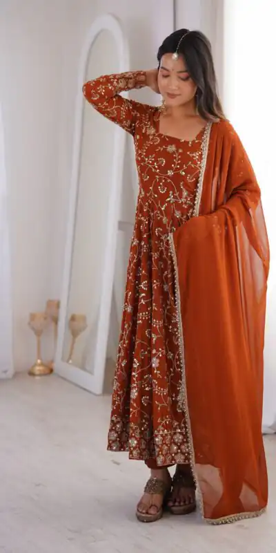 ZF 5024 Rust Fox Perfect for Wedding, Party, Durga Puja, Diwali, Anniversary βGeorgette Gown. Now at just βΉ2399. Delivery 4-6 Working Days. Shop now. | Gowns, Bollywood Gowns, Creative Gowns, Designer Gowns, Embroidered Gowns, Party Wear Gowns