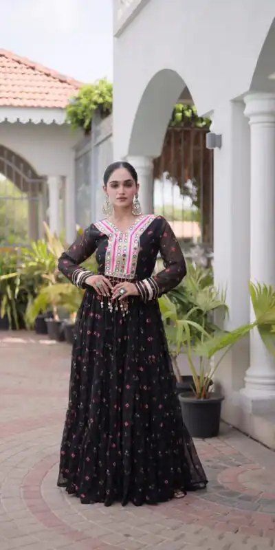 KA 1265 Black Color Faux Georgette Gown with Mirror Work. Wedding, Party, Festive, Events Get it for βΉ1819. Delivery 4-6 Working Days.Online Shop now. | Gowns, Bollywood Gowns, Creative Gowns, Designer Gowns, Embroidered Gowns, Party Wear Gowns