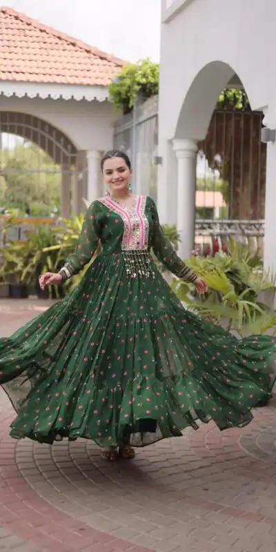 KA 1265 Green Color Faux Georgette Gown with Mirror Work. Wedding, Party, Festive, Events Get it for βΉ1819. Delivery 4-6 Working Days.Online Shop now. | Gowns, Bollywood Gowns, Creative Gowns, Designer Gowns, Embroidered Gowns, Party Wear Gowns