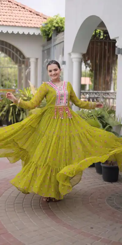 KA 1265 Lime Yellow Color Faux Georgette Gown with Mirror Work. Wedding, Party, Festive, Events Get it for βΉ1819. Delivery 4-6 Working Days.Online Shop now. | Gowns, Bollywood Gowns, Creative Gowns, Designer Gowns, Embroidered Gowns, Party Wear Gowns