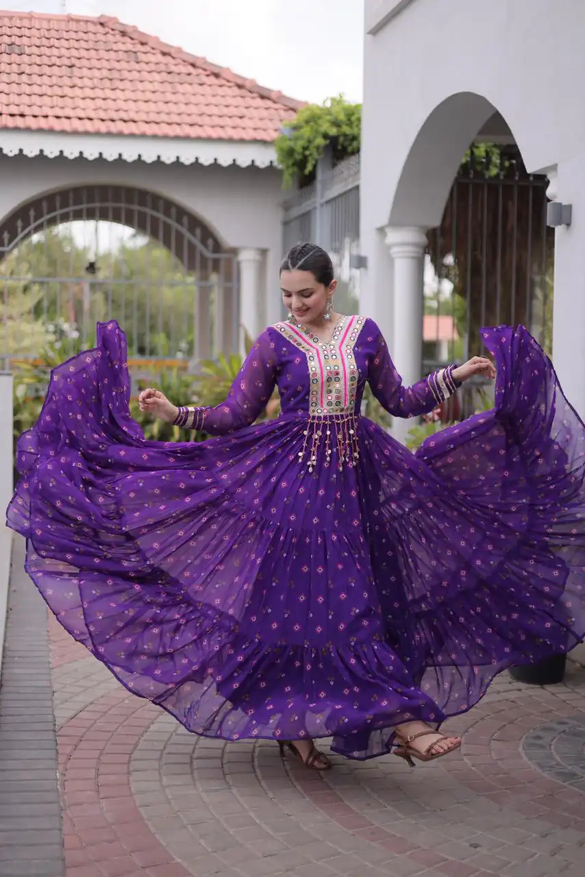 KA 1265 Purple Color Faux Georgette Gown with Mirror Work. Wedding, Party, Festive, Events Get it for ₹1819. Delivery 4-6 Working Days.Online Shop now. | Gowns, Bollywood Gowns, Creative Gowns, Designer Gowns, Embroidered Gowns, Party Wear Gowns