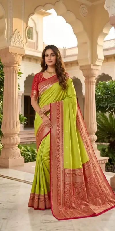 MB 6079 Parrot Green Soft Banarasi Silk Saree with Zari Work & Moti Work. Introductory Price ₹1949. Delivery 4-6 Working Days. Shop now. | Sarees, Bollywood Sarees, Creative Sarees, Designer Sarees, Embroidered Sarees, Ethnic Saree, Modern Digital sarees, Party Wear Sarees