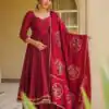 Glowing Maroon Roman Silk Embroidery Work Anarkali Suit