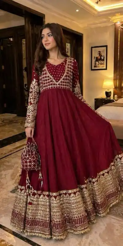 JF 049 Maroon Georgette Gown with Embroidery Work & Sequins Work. Exclusive Offer βΉ2149. Delivery 4-6 Working Days. Shop now. | Gowns, Bollywood Gowns, Creative Gowns, Designer Gowns, Embroidered Gowns, Party Wear Gowns
