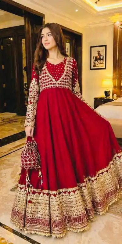 JF 049 Red Georgette Gown with Embroidery Work & Sequins Work. Exclusive Offer βΉ2149. Delivery 4-6 Working Days. Shop now. | Gowns, Bollywood Gowns, Creative Gowns, Designer Gowns, Embroidered Gowns, Party Wear Gowns