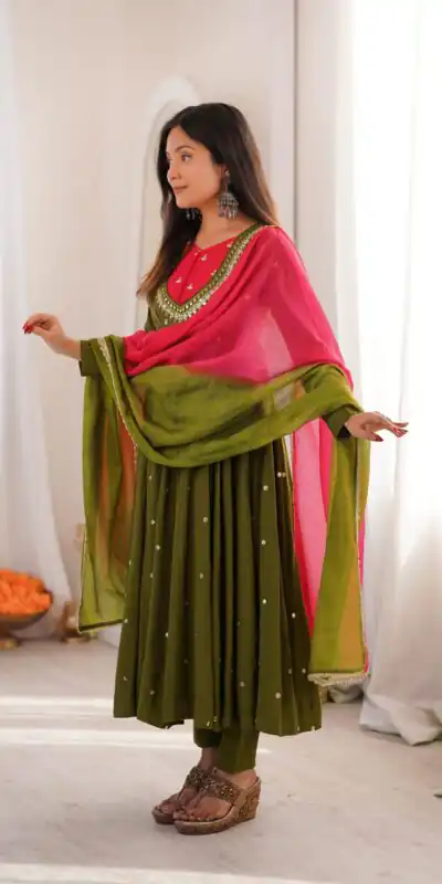ZF 5023 Mehandi Roman Silk Gown with Mirror Work & Embroidery Work. Special Price βΉ2099. Delivery 4-6 Working Days. Shop now. | Gowns, Bollywood Gowns, Creative Gowns, Designer Gowns, Embroidered Gowns, Party Wear Gowns