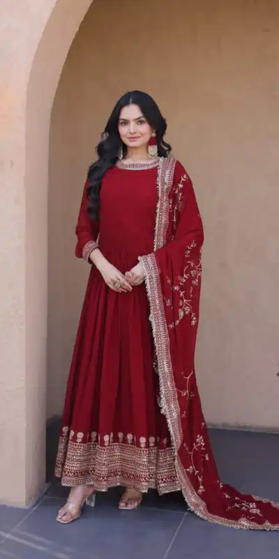 KA 1256 Maroon Faux Blooming Gown Perfect for Wedding, Party, Pongal, Raksha Bandhan, Mehendi β. Introductory Price βΉ2549. Delivery 4-6 Working Days | Gowns, Bollywood Gowns, Creative Gowns, Designer Gowns, Embroidered Gowns, Party Wear Gowns