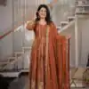 Magical Orange Faux Blooming Zari Embroidery Work Gown