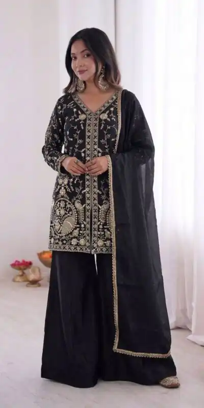 JF 043 Black Pure Fendy Silk Salwar Suitwith Embroidery Work & Sequins Work. Exclusive Offer ₹1940. Delivery 4-6 Working Days. Shop now. | Jump Suits, Salwar suit, Casual Suits, Creative suits, Designer Suits, Palazzo Suits, Party Wear Suits, Patiala Suits, Straight Suits