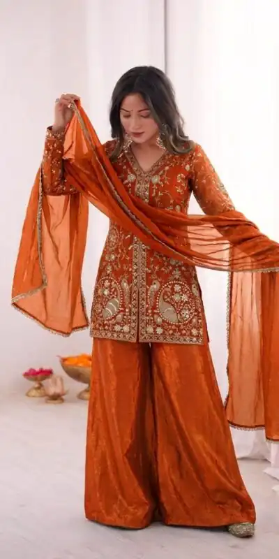 JF 043 Orange Pure Fendy Silk Salwar Suitwith Embroidery Work & Sequins Work. Exclusive Offer ₹1940. Delivery 4-6 Working Days. Shop now. | Jump Suits, Salwar suit, Casual Suits, Creative suits, Designer Suits, Palazzo Suits, Party Wear Suits, Patiala Suits, Straight Suits