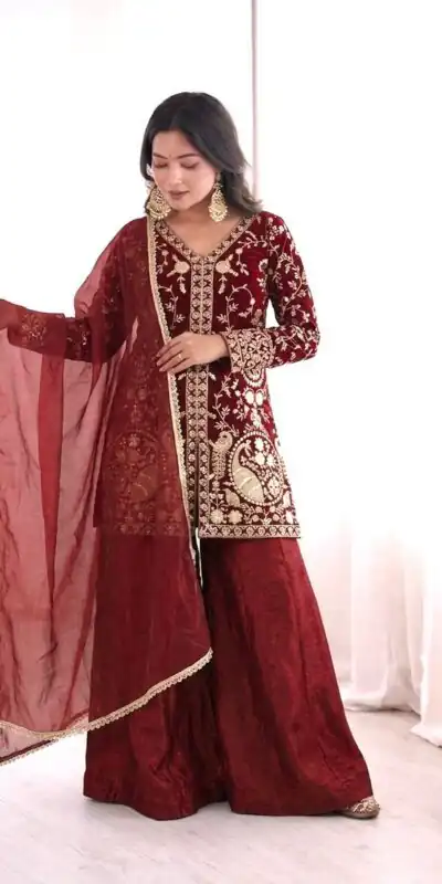JF 043 Rust Pure Fendy Silk Salwar Suitwith Embroidery Work & Sequins Work. Exclusive Offer ₹1940. Delivery 4-6 Working Days. Shop now. | Jump Suits, Salwar suit, Casual Suits, Creative suits, Designer Suits, Palazzo Suits, Party Wear Suits, Patiala Suits, Straight Suits