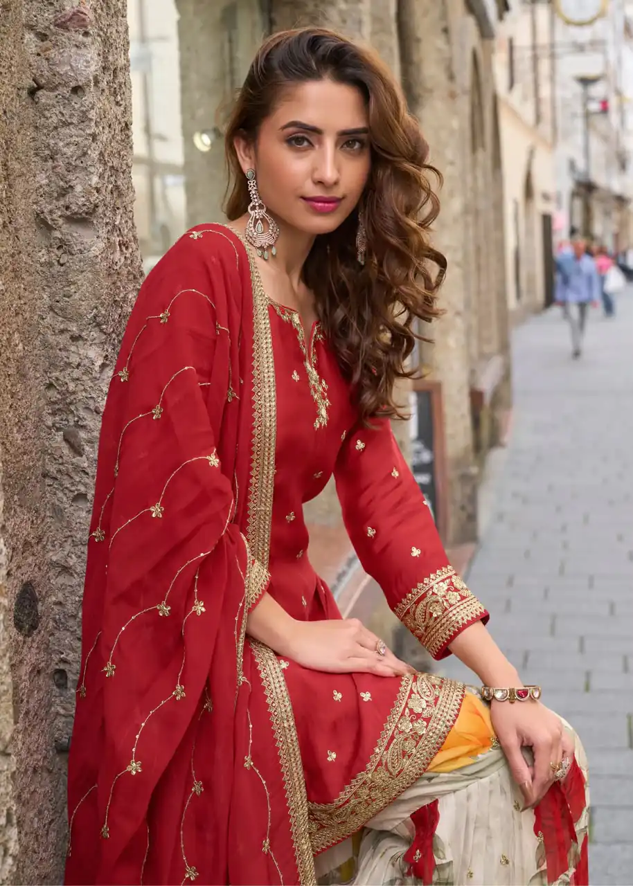 ZC KIARA Red Chinon Silk Salwar Suit with Embroidery Work & Sequins Work. Grab it for ₹2399. Delivery 4-6 Working Days. Shop now. | Jump Suits, Salwar suit, Casual Suits, Creative suits, Designer Suits, Palazzo Suits, Party Wear Suits, Patiala Suits, Straight Suits