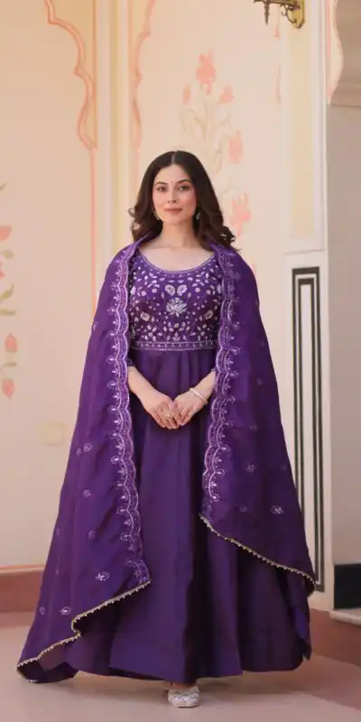 KA 1230 Purple in Gold Crush Zari Work & Embroidery Work Gown . Affordable Price βΉ1999. Delivery 4-6 Working Days. Shop now. | Gowns, Bollywood Gowns, Creative Gowns, Designer Gowns, Embroidered Gowns, Party Wear Gowns