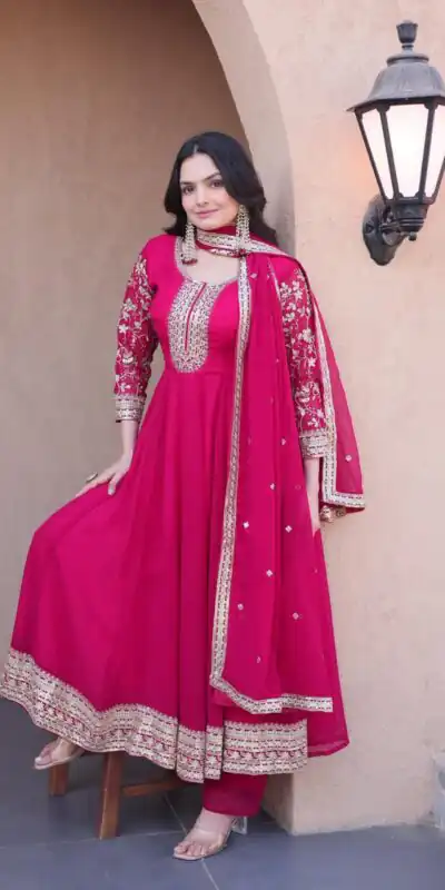 KA 1253 Pink Faux Blooming Gown Perfect for Wedding, Party, Ethnic Day, Mehendi, Eid – . Now at just ₹2399. Delivery 4-6 Working Days. Shop now. | Gowns, Bollywood Gowns, Creative Gowns, Designer Gowns, Embroidered Gowns, Party Wear Gowns
