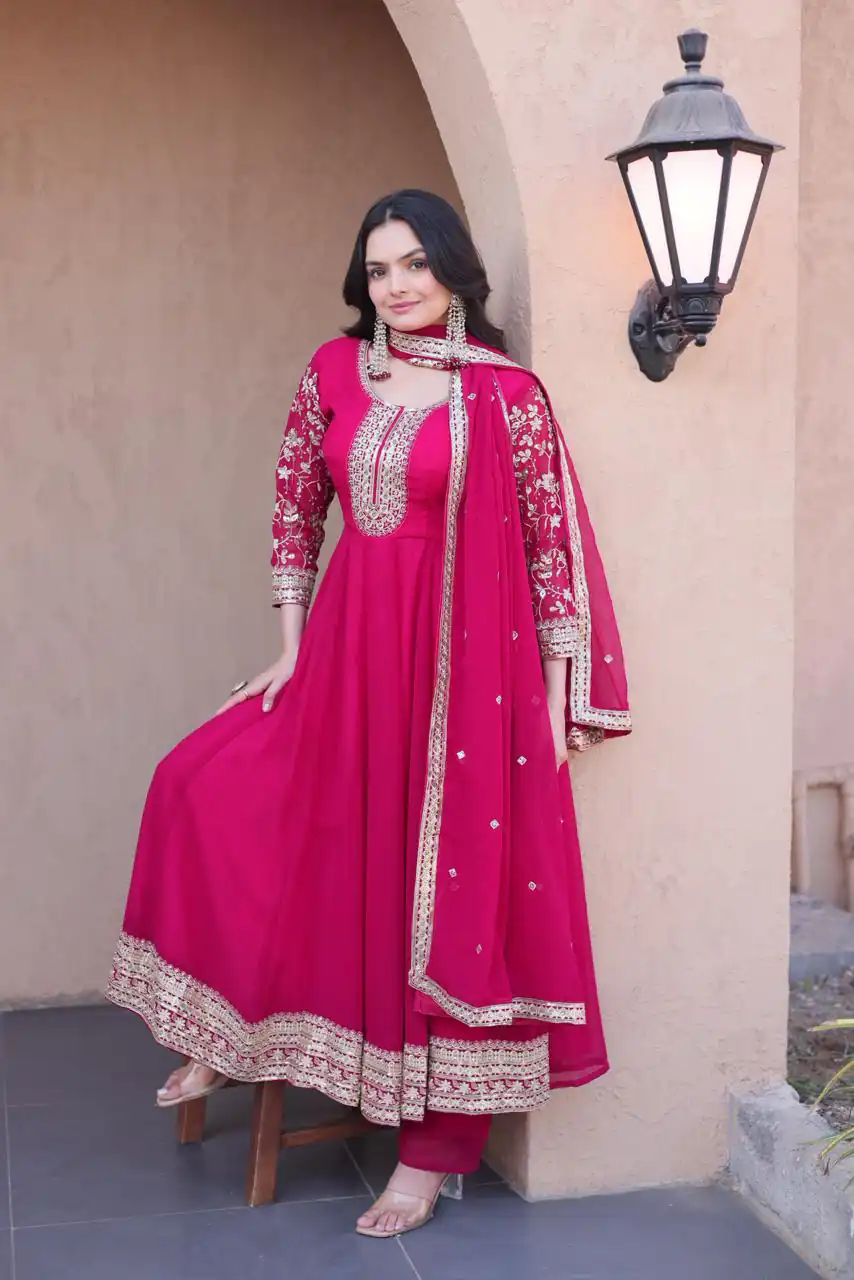 KA 1253 Pink Faux Blooming Gown Perfect for Wedding, Party, Ethnic Day, Mehendi, Eid – . Now at just ₹2399. Delivery 4-6 Working Days. Shop now. | Gowns, Bollywood Gowns, Creative Gowns, Designer Gowns, Embroidered Gowns, Party Wear Gowns
