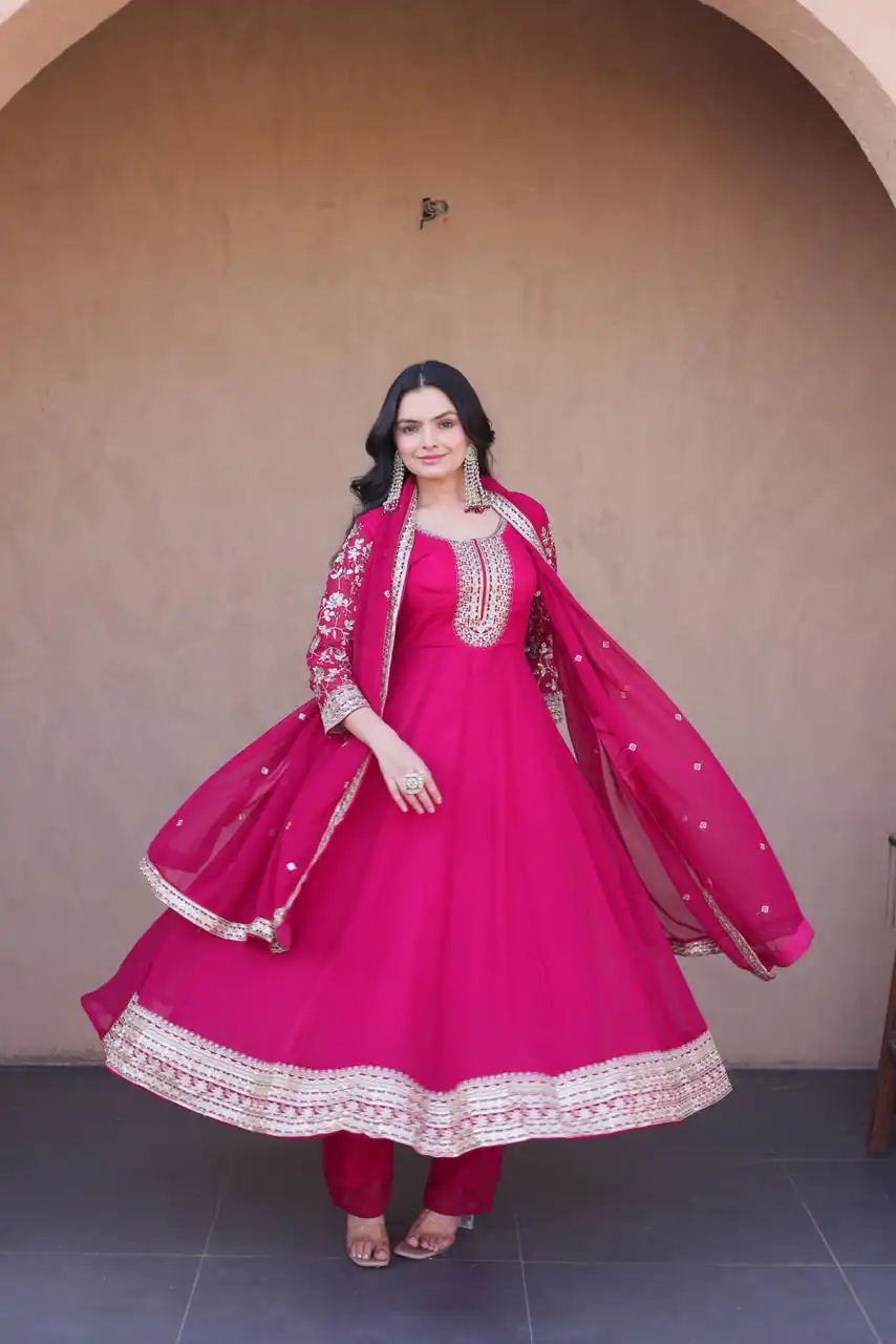 KA 1253 Pink Faux Blooming Gown Perfect for Wedding, Party, Ethnic Day, Mehendi, Eid – . Now at just ₹2399. Delivery 4-6 Working Days. Shop now. | Gowns, Bollywood Gowns, Creative Gowns, Designer Gowns, Embroidered Gowns, Party Wear Gowns