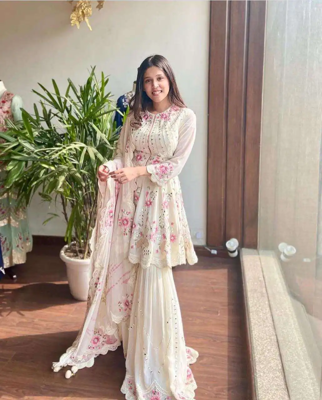 NSR 1238 White Top : Heavy Fox Georgette Sharara : Fox Georgette Work : Heavy Embroidery With Real Mirror Work Wedding, Party @1849 Only | Salwar suit, Casual Suits, Creative suits, Designer Suits, Palazzo Suits, Party Wear Suits, Straight Suits