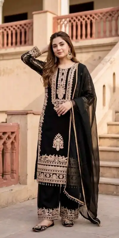 ST 247 Black | Black Faux Georgette Salwar Suit with Lace Work. Introductory Price ₹2449. Delivery 4-6 Working Days. Shop now. | Jump Suits, Salwar suit, Casual Suits, Creative suits, Designer Suits, Palazzo Suits, Party Wear Suits, Patiala Suits, Straight Suits