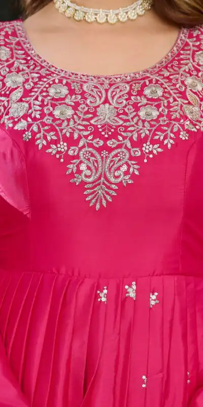 SP 08 Pink Color American Silk Gown with Designer Work. Exclusive Offer ₹2149. Delivery 4-6 Working Days. Online Shop now. | Gowns, Bollywood Gowns, Creative Gowns, Designer Gowns, Embroidered Gowns, Party Wear Gowns