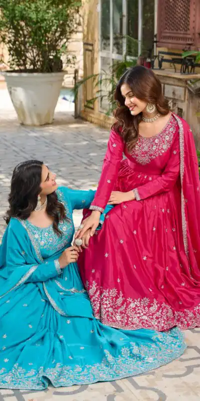SP 08 Pink Color American Silk Gown with Designer Work. Exclusive Offer ₹2149. Delivery 4-6 Working Days. Online Shop now. | Gowns, Bollywood Gowns, Creative Gowns, Designer Gowns, Embroidered Gowns, Party Wear Gowns