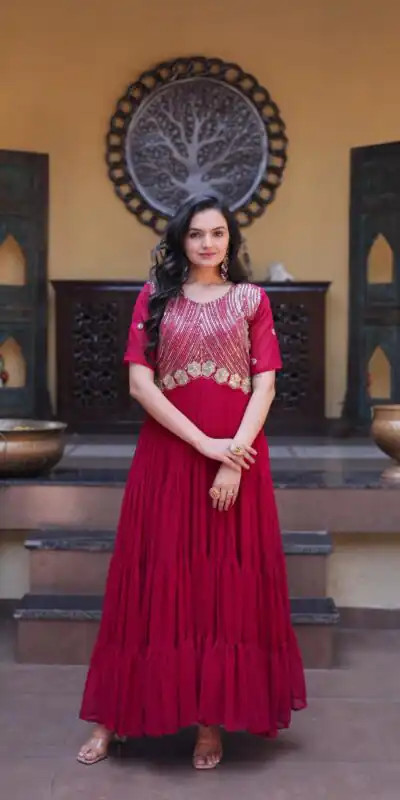 KA 1255 Pink Faux Blooming Gown with Embroidery Work & Zari Work. Available at βΉ1719 only. Delivery 4-6 Working Days. Shop now. | Gowns, Bollywood Gowns, Creative Gowns, Designer Gowns, Embroidered Gowns, Party Wear Gowns