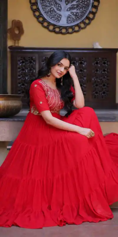 KA 1255 Red Faux Blooming Gown with Embroidery Work & Zari Work. Available at ₹1719 only. Delivery 4-6 Working Days. Shop now. | Gowns, Bollywood Gowns, Creative Gowns, Designer Gowns, Embroidered Gowns, Party Wear Gowns