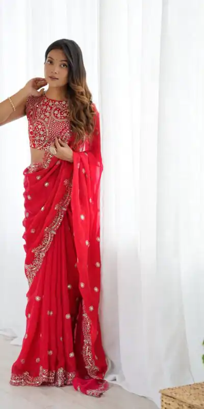 SP 88 Red Red Fendy Chiffon Saree with Embroidery Work & Sequins Work. Special Price ₹2149. Delivery 4-6 Working Days. Shop now. | Sarees, Bollywood Sarees, Creative Sarees, Designer Sarees, Embroidered Sarees, Ethnic Saree, Modern Digital sarees, Party Wear Sarees
