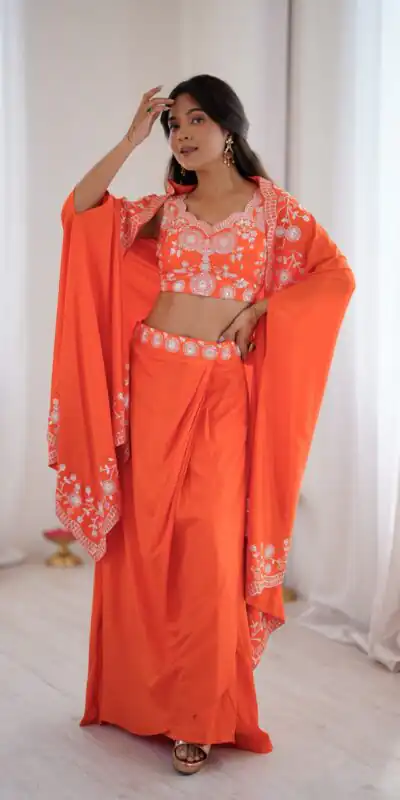 Aglow Orange French Crep Sequence Work Dhoti Suit