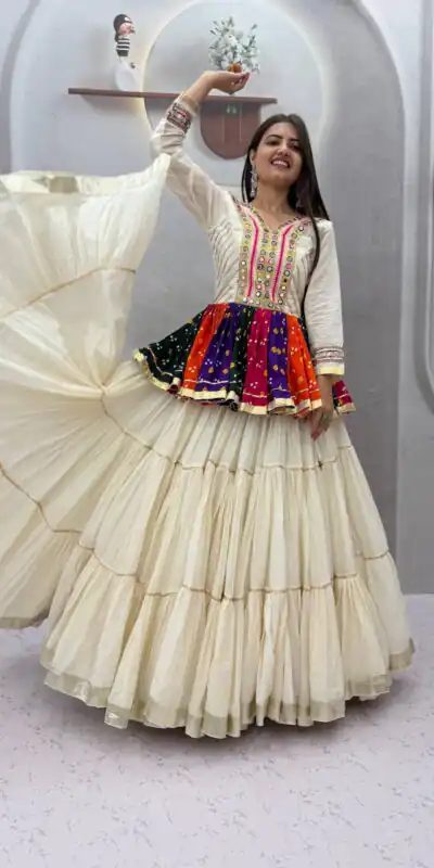 Aglow White Pure Cotton Gamthi Work Lehenga Choli