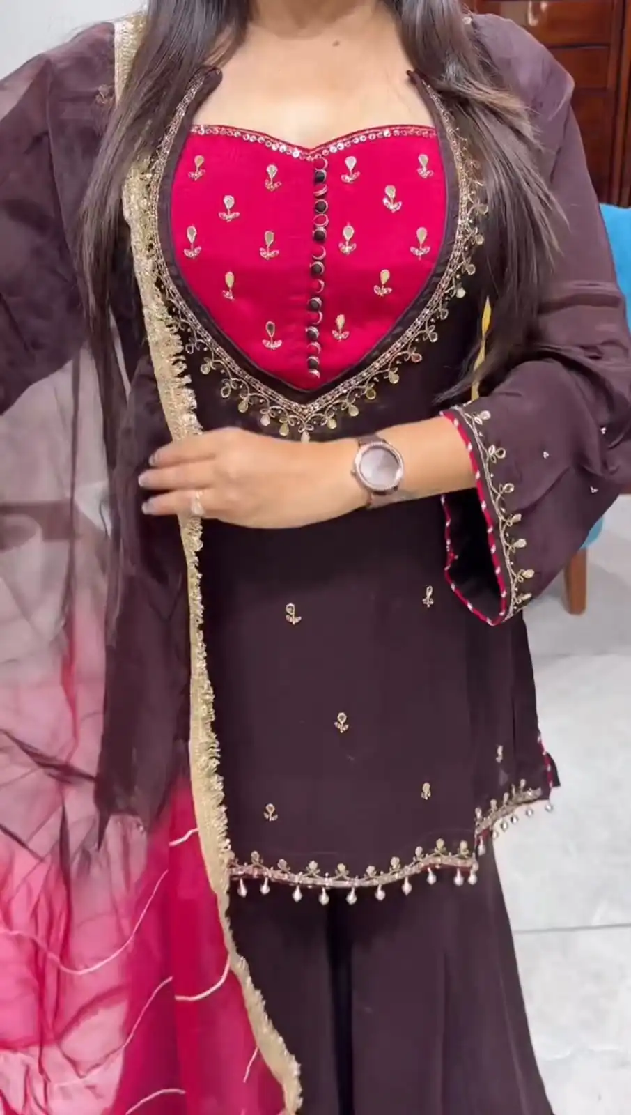 Aglow Wine French Crep Silk Mirror Work Salwar Suit - Image 5
