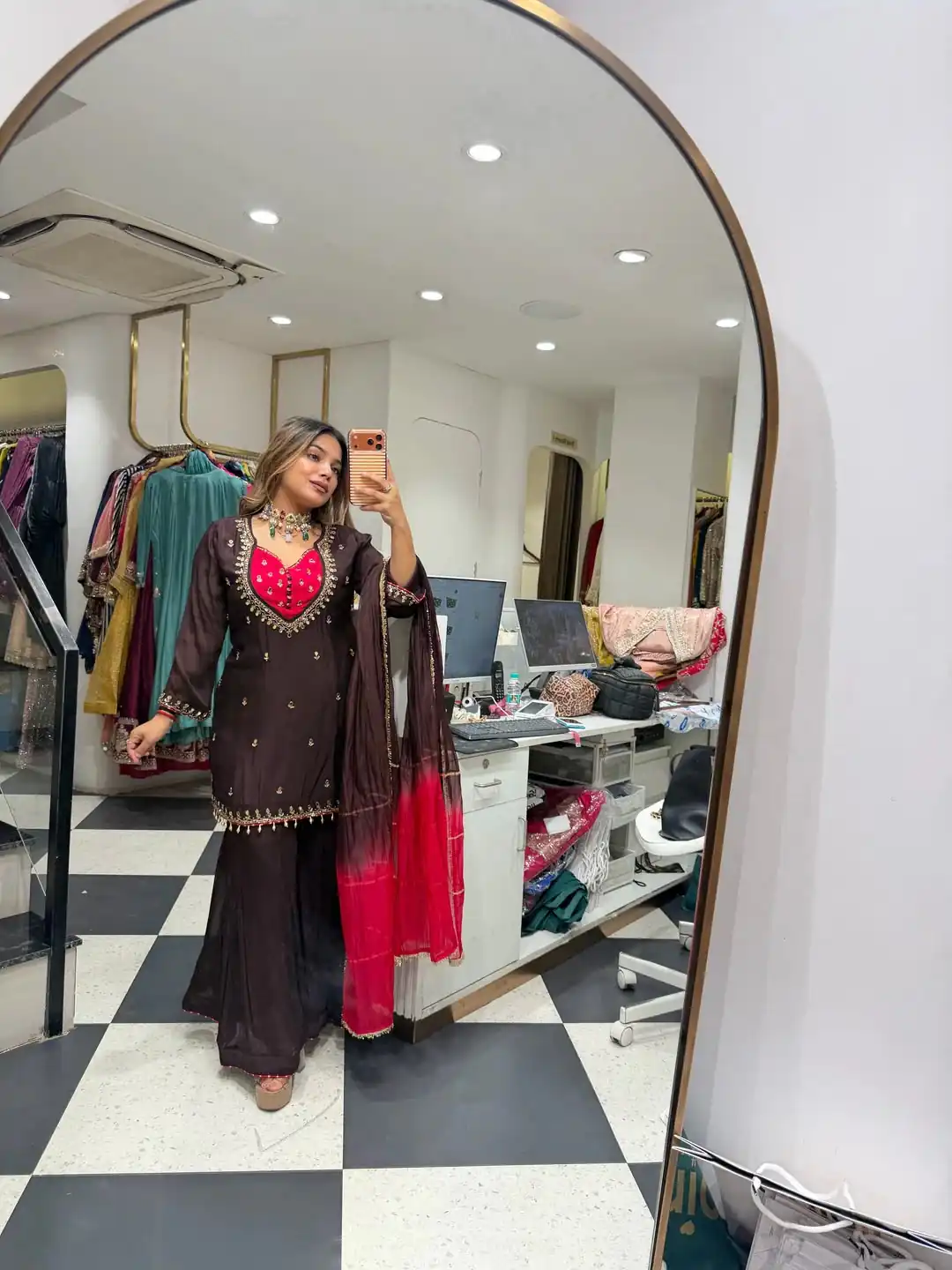Aglow Wine French Crep Silk Mirror Work Salwar Suit