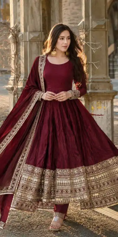 Fancy Maroon Fendy Crush Embroider Work Gown