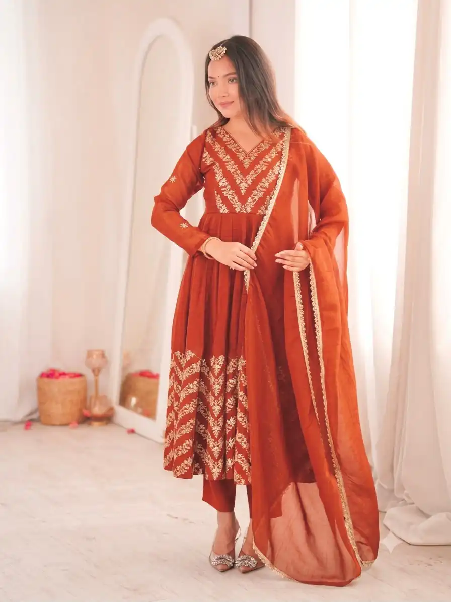 Fancy Orange Crunchy Silk Embroider Work Anarkali Suit - Image 5